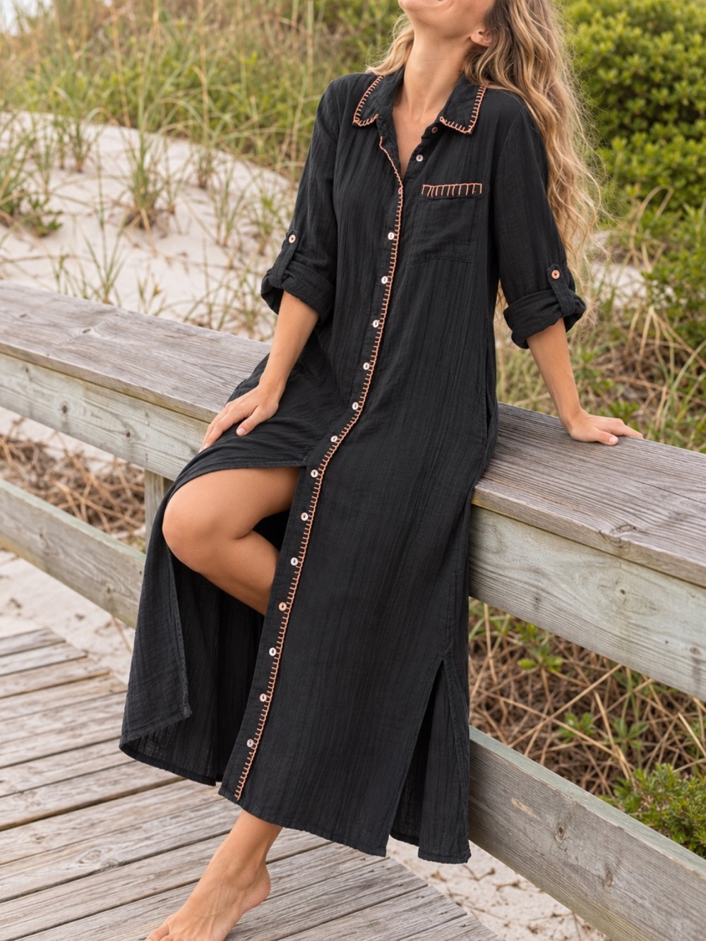Natural Life Lola Black Cotton Gauze Maxi Shirt Dress Blush Color Stitching L